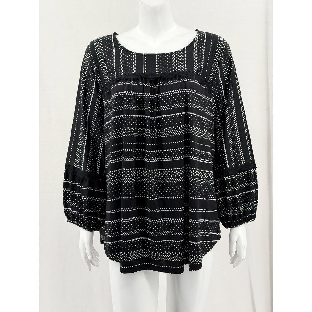 Roz & Ali Top Women 3X Black White Polka Dot Stripe Balloon Sleeve Artsy Stretch